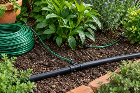 Tuyau capillaire vert déroulé près d’un massif, relié à une conduite d’arrosage goutte à goutte.