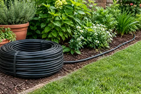 Couronne de tuyau d’alimentation noir en polyéthylène déroulée près d’un massif au jardin