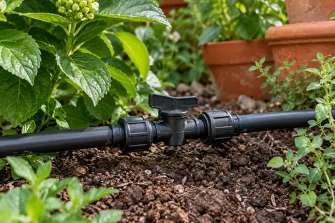 Vanne noire d’irrigation goutte à goutte raccordée à un tuyau dans un jardin planté