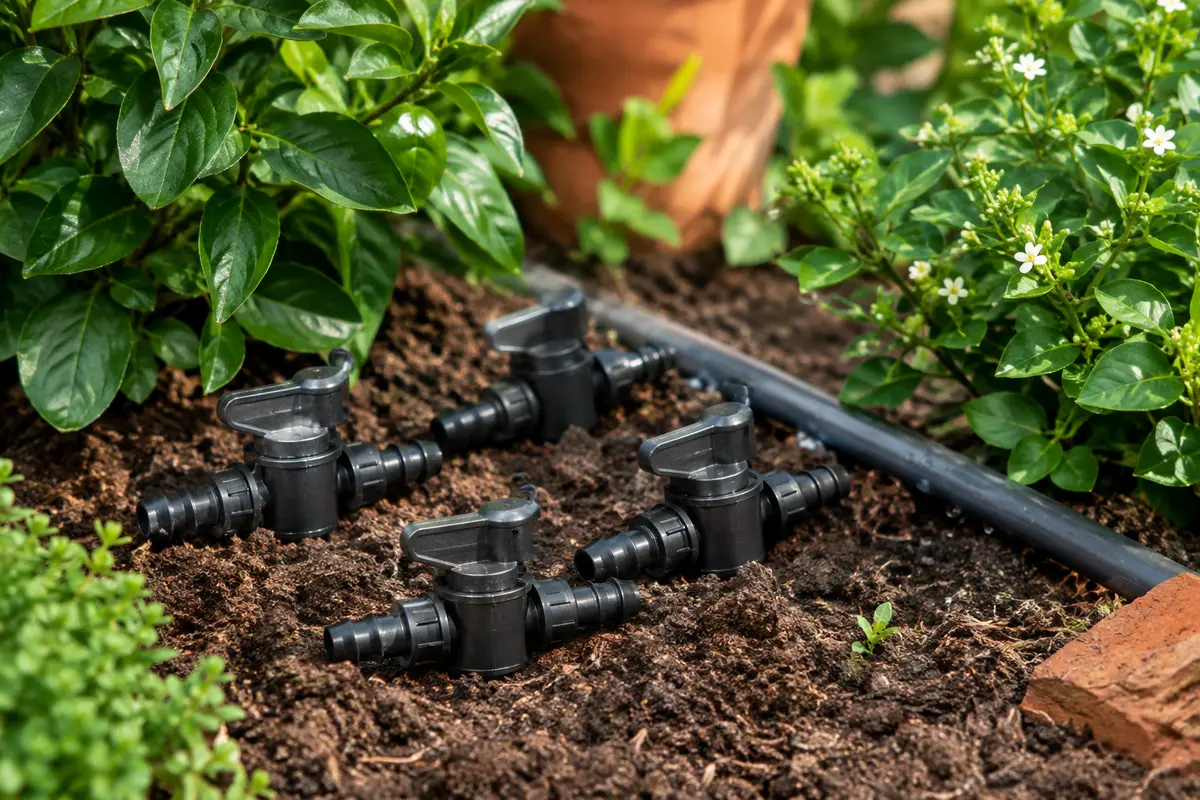 Quatre vannes d’arrêt noires à ardillons près d’une conduite d’irrigation goutte à goutte au jardin