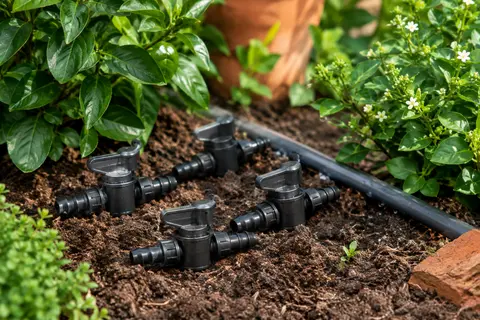 Quatre vannes d’arrêt noires à ardillons près d’une conduite d’irrigation goutte à goutte au jardin