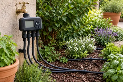 Programmateur d’arrosage noir à quatre sorties installé près d’un robinet dans un jardin soigné