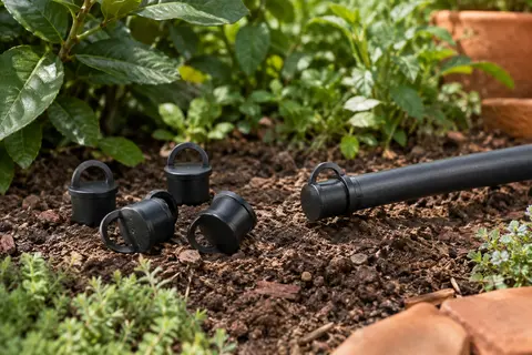 Bouchons noirs à anneau placés près de l’extrémité d’un tuyau d’arrosage goutte à goutte au jardin