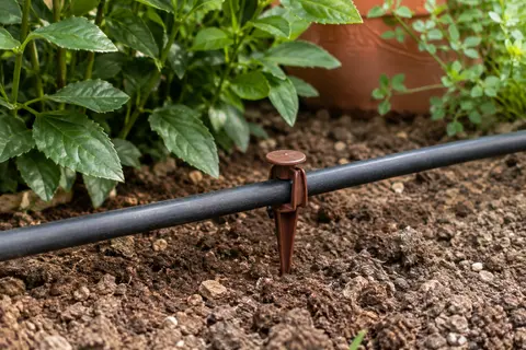 Piquet marron à tête plate maintenant un tuyau noir de goutte à goutte dans la terre d’un jardin