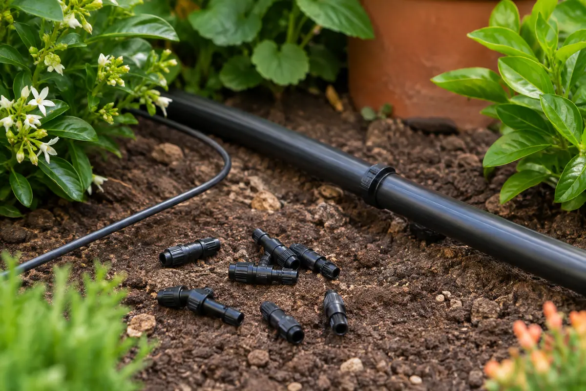 Connecteurs noirs pour microtubes de 4 mm et conduite d’arrosage de 16 mm posés dans un jardin