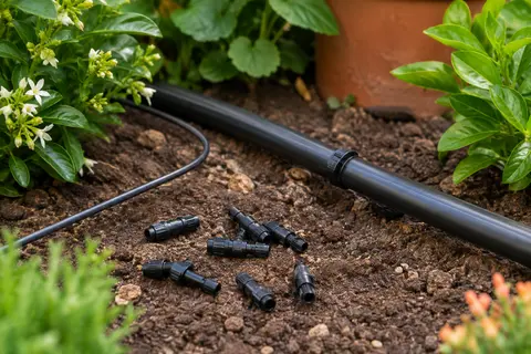 Connecteurs noirs pour microtubes de 4 mm et conduite d’arrosage de 16 mm posés dans un jardin