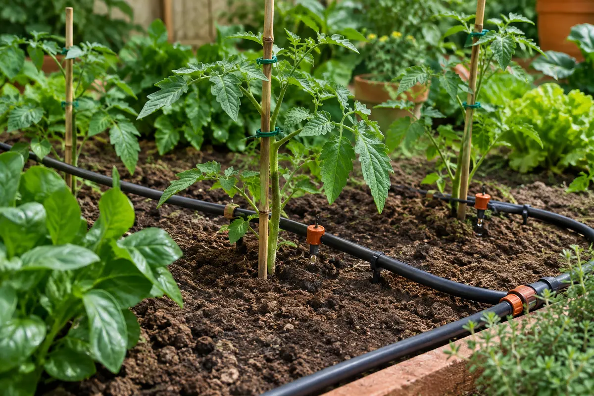 Tuyau de kit goutte à goutte et têtes d’arrosage placés au pied de plantes dans un jardin