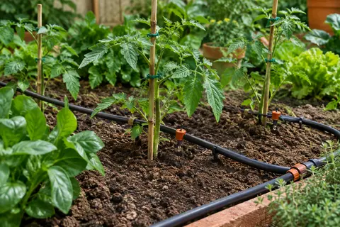 Tuyau de kit goutte à goutte et têtes d’arrosage placés au pied de plantes dans un jardin