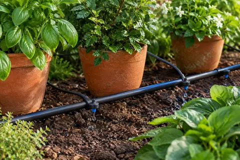 Goutteurs d’irrigation en plastique raccordés à des conduites près de plantes en pot dans un jardin