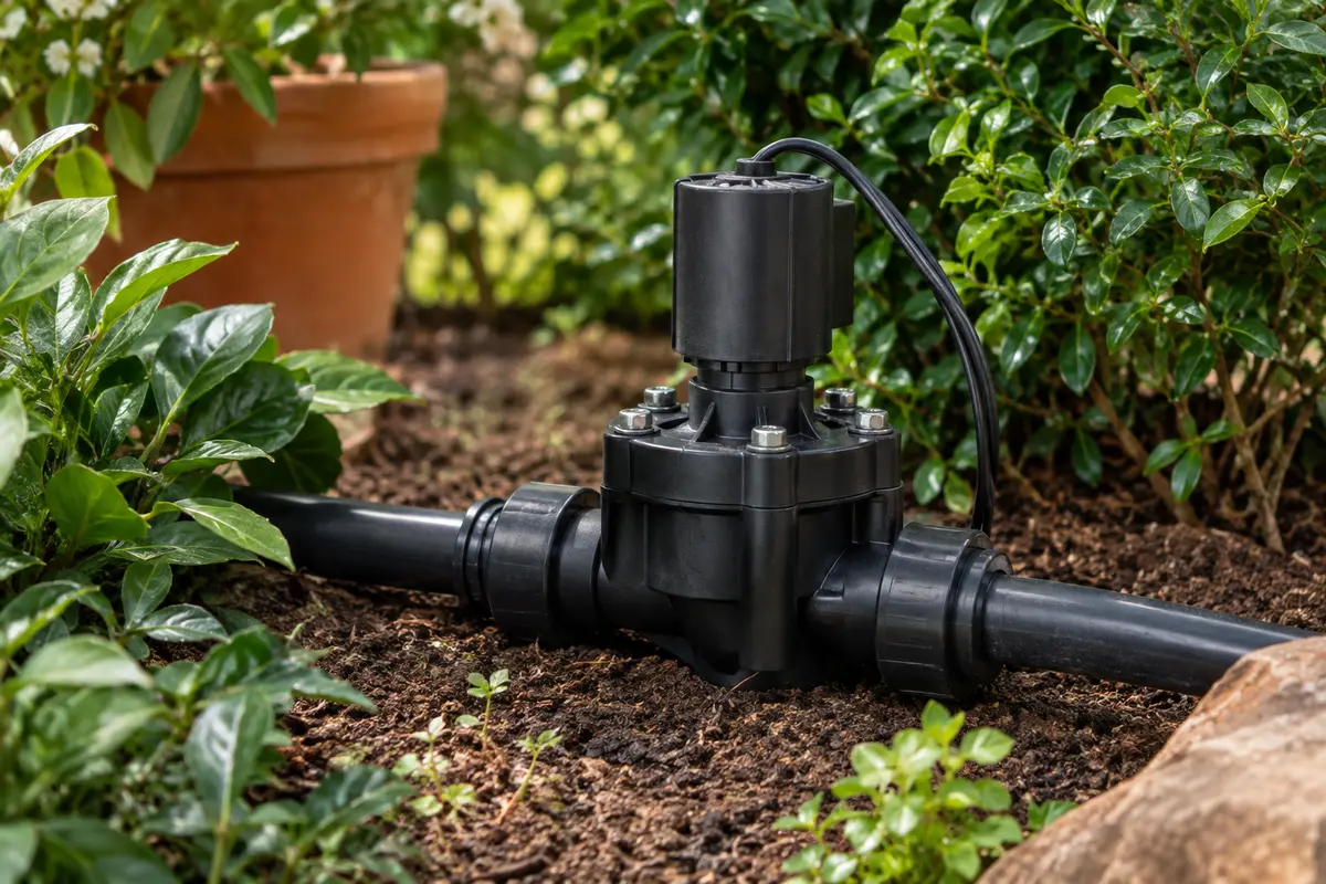 Électrovanne d’irrigation noire en plastique installée près de conduites dans un jardin soigné