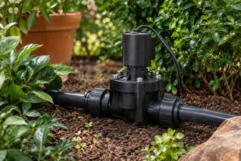 Électrovanne d’irrigation noire en plastique installée près de conduites dans un jardin soigné
