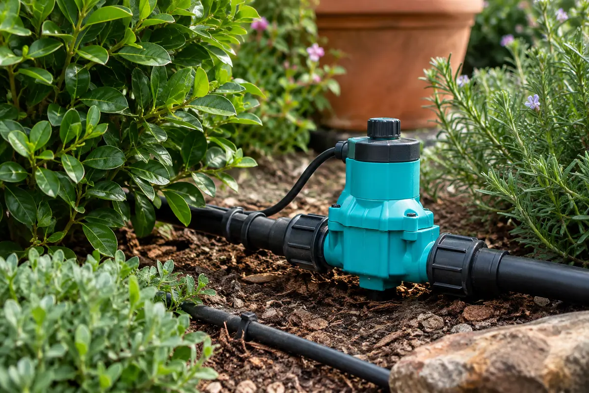 Électrovanne d’irrigation turquoise installée près de conduites noires dans un jardin
