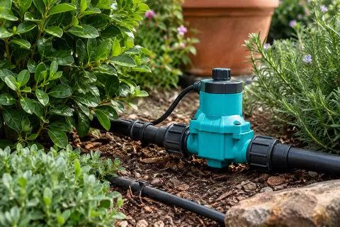Électrovanne d’irrigation turquoise installée près de conduites noires dans un jardin