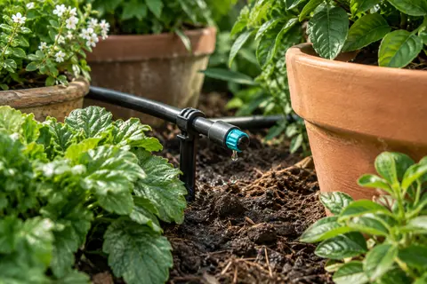 Goutteur d’extrémité réglable anthracite et turquoise installé sur une conduite près de pots.