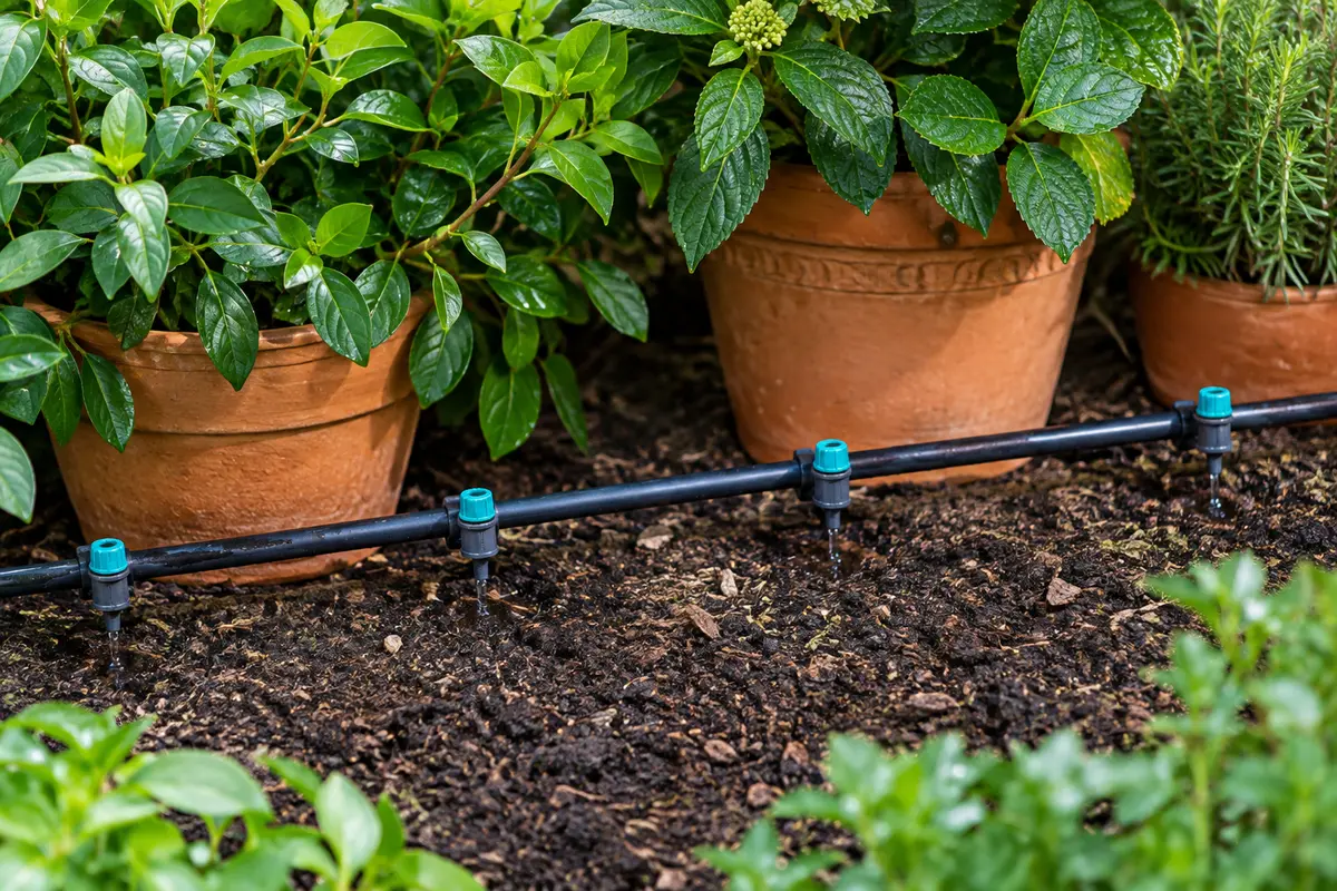 Lot de goutteurs d’extrémité anthracite et turquoise près d’une conduite noire au pied de plantes en pot