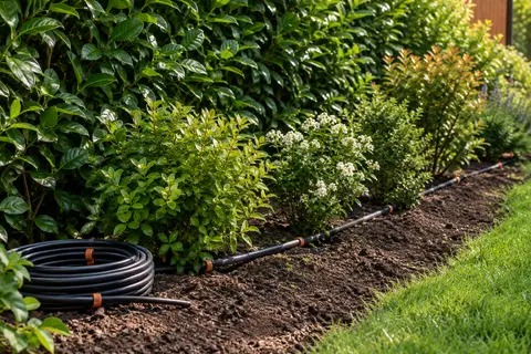 Tuyau goutte-à-goutte noir installé au pied d’une haie dans un jardin soigné