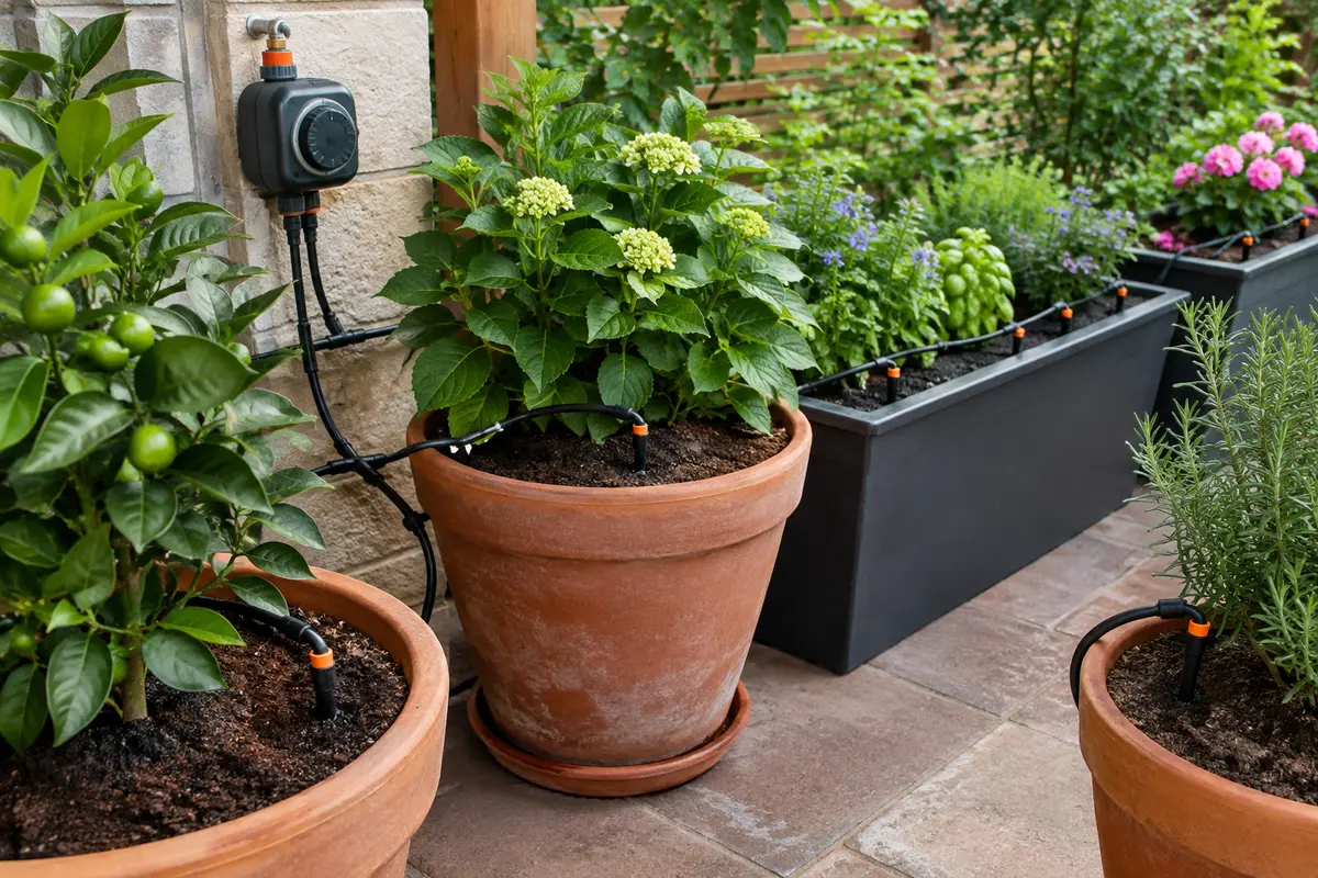 Kit Gardena de goutte-à-goutte avec programmateur installé autour de pots et de jardinières