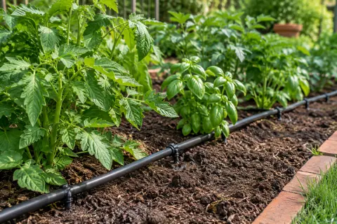Réseau Gardena de goutte à goutte posé au pied de rangées de plantes dans un jardin