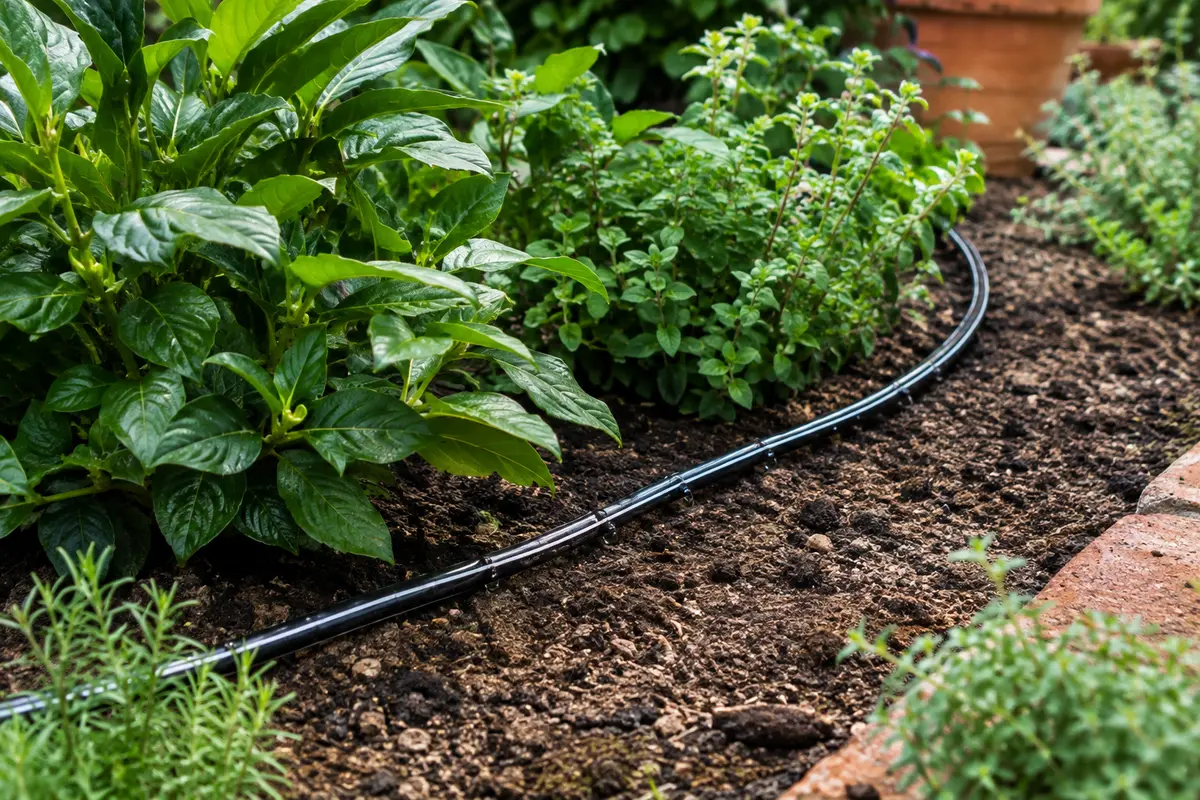 Tuyau noir et blanc à goutteurs intégrés posé en surface au pied de plantes dans un massif