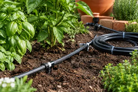 Tuyau de distribution noir et blanc installé au pied de plantes dans un jardin soigné.