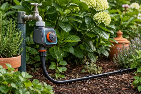 Programmateur Gardena Easy gris foncé avec commande radiale, raccordé à un robinet dans un jardin.