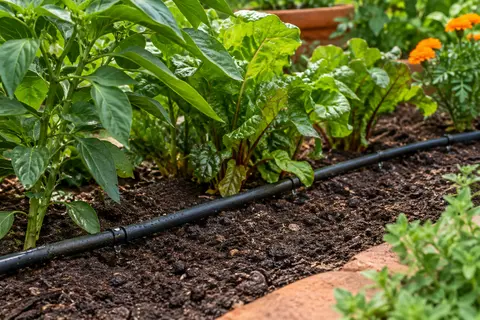 Tuyau goutte-à-goutte noir enterré sous une rangée de plantes dans un jardin