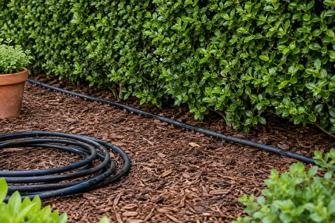 Tuyau goutte-à-goutte noir à goutteurs intégrés déroulé au pied d’une haie, avec une couronne enroulée au premier plan