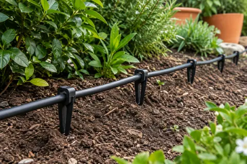 Piquets noirs en fourche maintenant une conduite d’arrosage au sol près de plantations