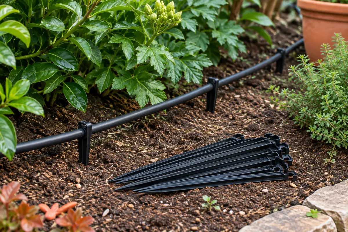 Piquets de fixation noirs maintenant une conduite d’arrosage goutte à goutte dans la terre d’un jardin.