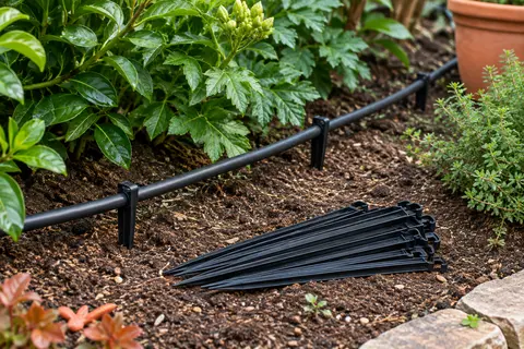 Piquets de fixation noirs maintenant une conduite d’arrosage goutte à goutte dans la terre d’un jardin.