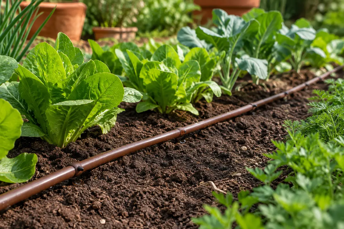 Tuyau goutte-à-goutte marron avec goutteurs intégrés posé le long d’un rang de légumes au jardin