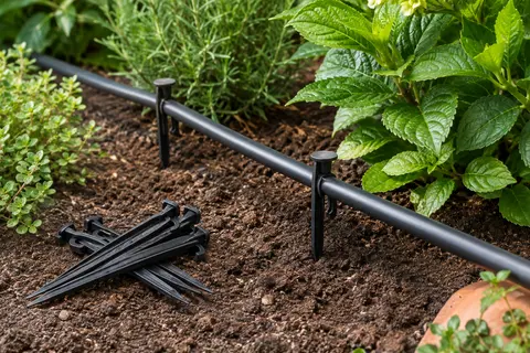 Piquets noirs à crochet maintenant un tuyau d’arrosage au sol dans un jardin