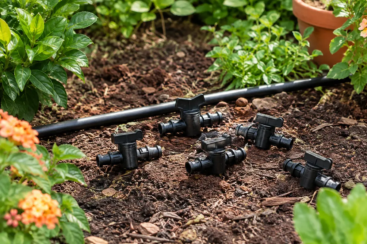 Vannes d’arrêt en plastique noir pour tuyaux d’irrigation goutte à goutte de 6,35 mm, près d’un massif.
