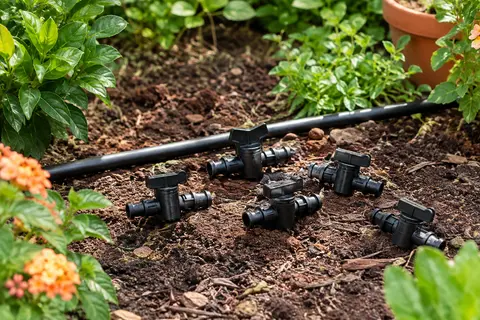 Vannes d’arrêt en plastique noir pour tuyaux d’irrigation goutte à goutte de 6,35 mm, près d’un massif.