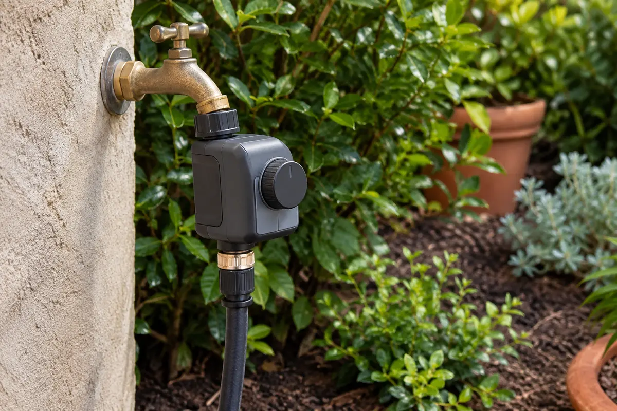 Programmateur d’arrosage Hozelock installé sur un robinet extérieur, relié à une conduite dans un jardin.