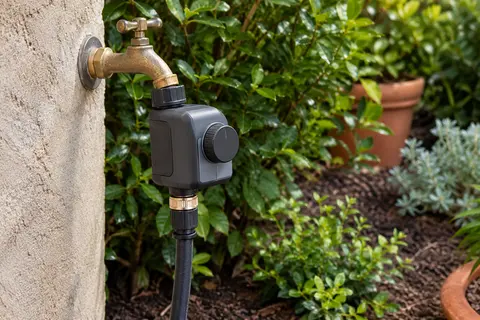 Programmateur d’arrosage Hozelock installé sur un robinet extérieur, relié à une conduite dans un jardin.