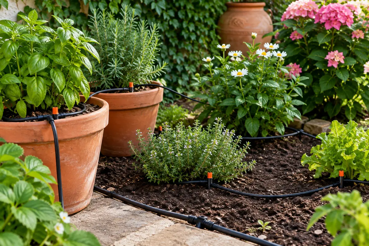 Tuyau noir du kit goutte à goutte Huaziz installé au pied de plantes en pots et d’un massif