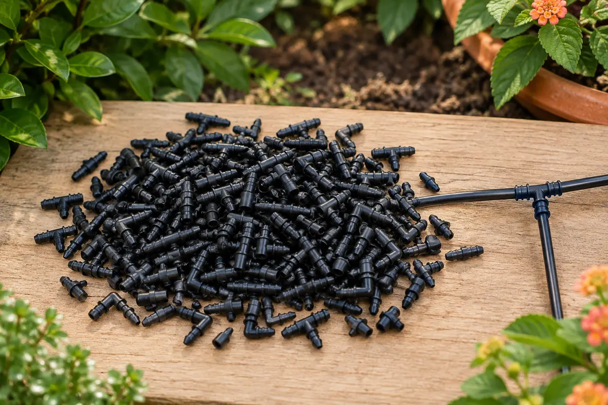 Tas de petits raccords noirs à ardillons pour microtube, droits, tés, coudes et bouchons, sur une planche en bois au jardin