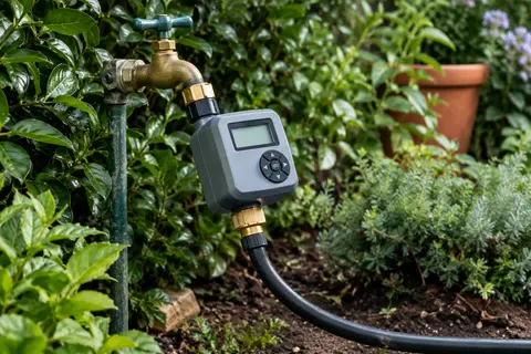 Programmateur d’arrosage gris à raccords en laiton monté entre un robinet de jardin et un tuyau noir