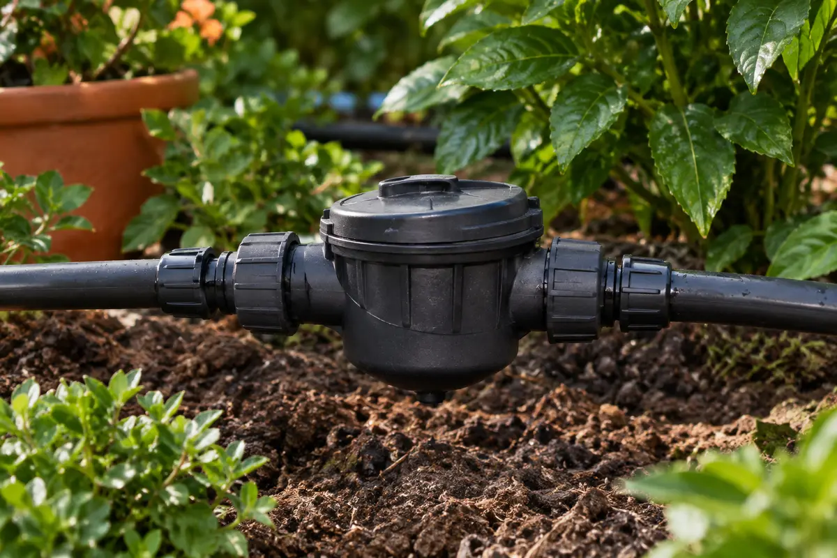 Filtre Irritec en polypropylène monté sur une conduite d’arrosage goutte à goutte au jardin