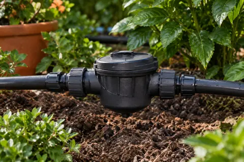 Filtre Irritec en polypropylène monté sur une conduite d’arrosage goutte à goutte au jardin