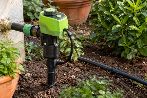 Programmateur d’arrosage Jardibric vert anis installé sur une arrivée d’eau dans un jardin