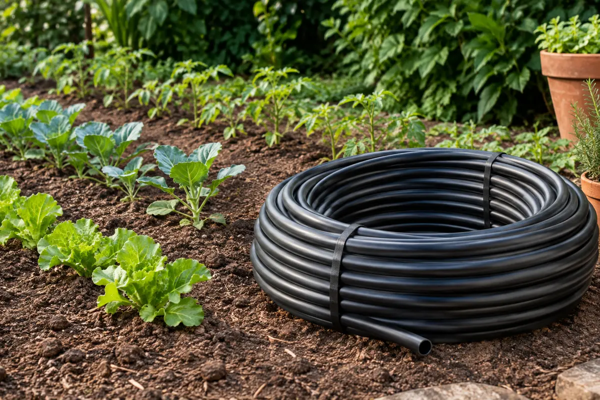 Couronne de tuyau noir non percé posée près des rangs d’un potager soigné