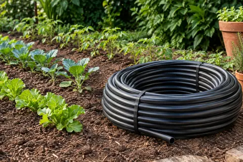 Couronne de tuyau noir non percé posée près des rangs d’un potager soigné