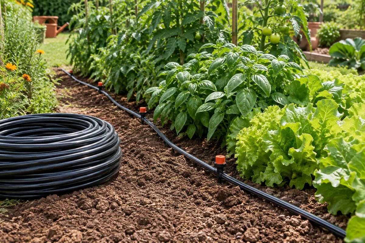 Tuyau noir d’irrigation goutte à goutte déroulé le long de plantations dans un potager