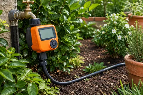 Programmateur d’arrosage orange à écran LCD relié à un robinet et à une conduite dans un jardin