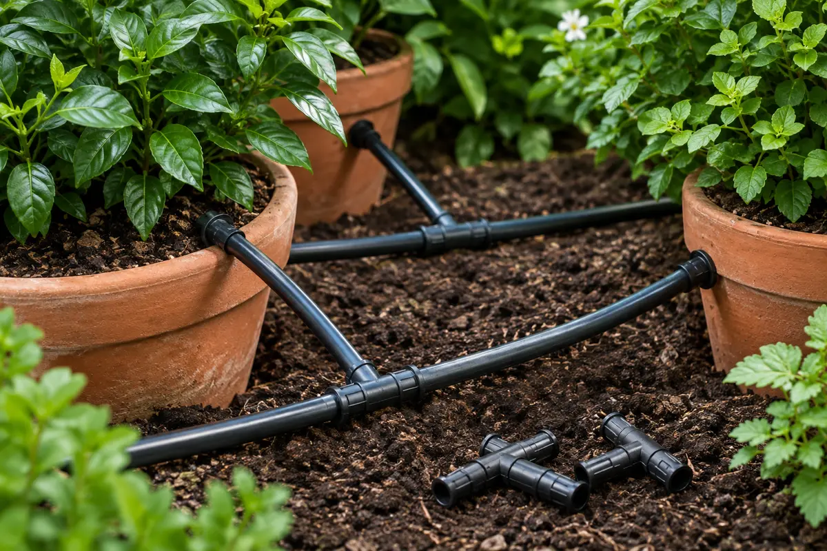 Raccords en T Kalolary en PVC noir reliés à des microtubes dans un réseau d’arrosage pour plantes en pot.