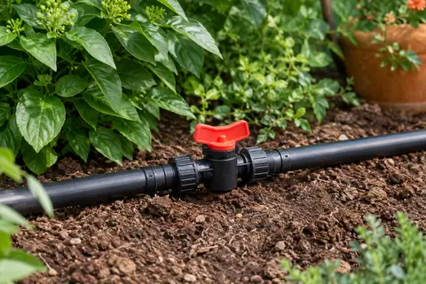 Vanne d’irrigation à commande rouge montée sur un tube PE noir dans un massif de jardin