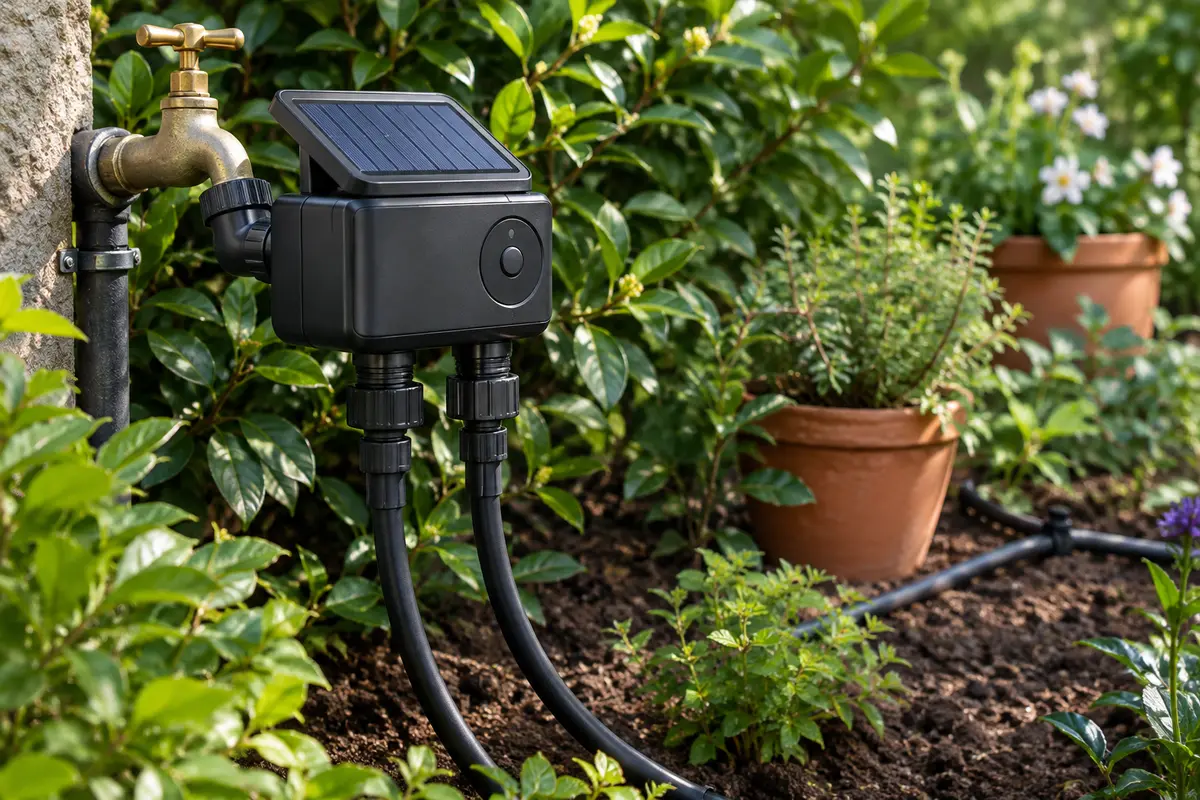Programmateur d’arrosage noir à deux voies monté sur un robinet, avec son panneau solaire orienté vers la lumière.