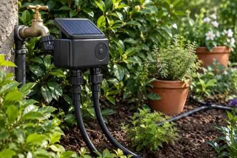 Programmateur d’arrosage noir à deux voies monté sur un robinet, avec son panneau solaire orienté vers la lumière.